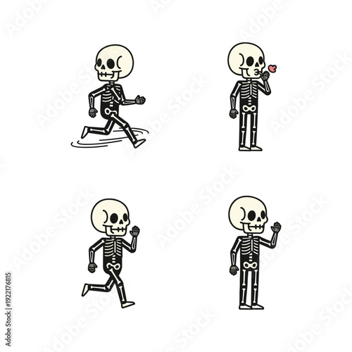 Skeleton characters running and waving in various poses on white background