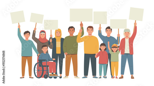 Diverse Group of People Holding Blank Signs and Placards, Concept of Collective Action, Social Activism, Community Empowerment, Peaceful Protest, and Human Rights Advocacy Vector Illustration
