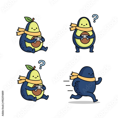 Cartoon Avocado Characters Showing Emotions and Actions with Yellow Scarves