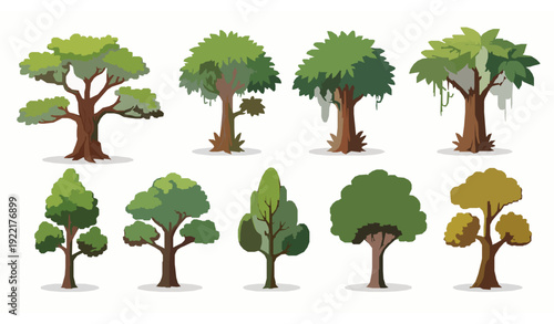 Colorful Cartoon Tree Set – Cute Detailed Oak & Forest Vector Collection