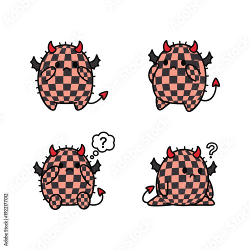 Cute cartoon devil character with checkered pattern in different poses and expressions