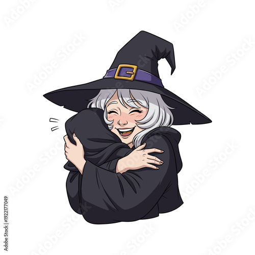 Happy elderly witch hugging herself with joy and smile