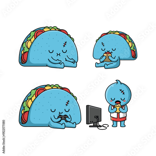 Cartoon blue tacos with different facial expressions and a character eating near a computer