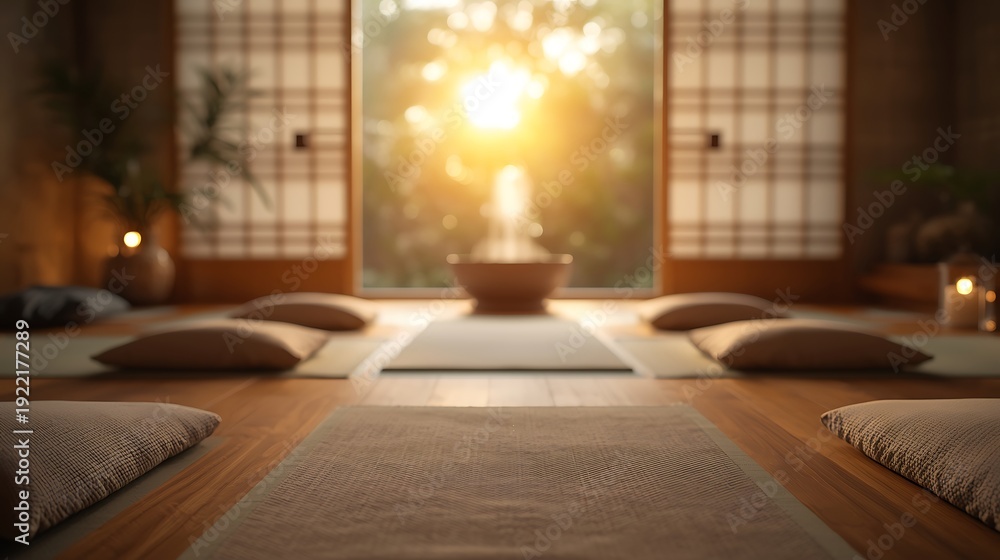 Fototapeta premium AI Generative Serene Meditation Room with Warm Sunset Light and Traditional Decor