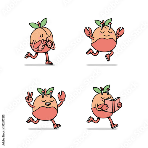 Cartoon crab character dancing and having fun in various poses with copy space