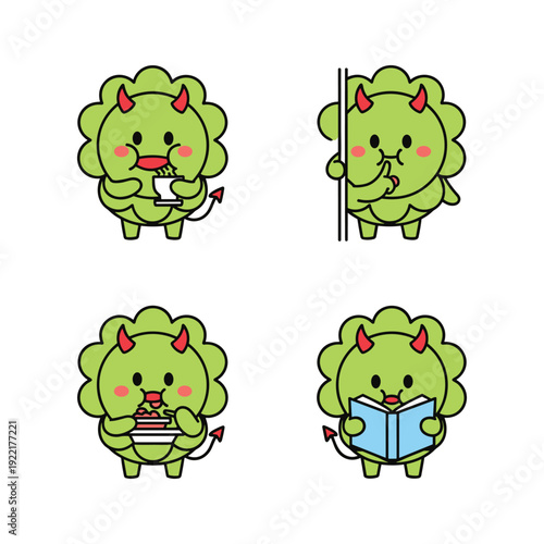 Cute cartoon green dragon character in different activities with copy space