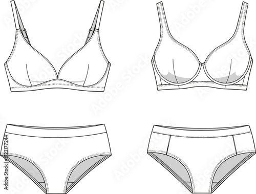 CAD drawing flat vector illustration, lingerie underwear set design, bra and panty technical sketch, garments dress, garments cloth, fashion template