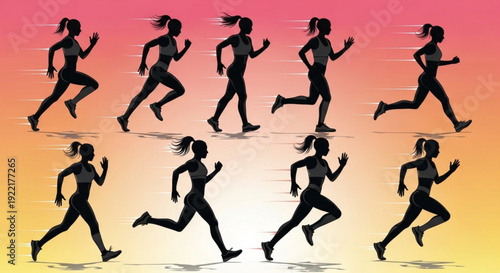 Silhouettes of women running in various poses against a vibrant sunset background with pink orange and yellow hues showcasing fitness and athleticism