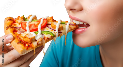 Closeup of a person enjoying a delicious slice of chicken pizza