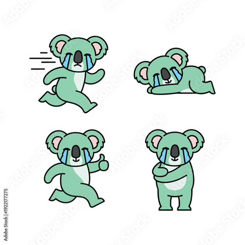 Crying koala cartoon character in various emotional states with copy space