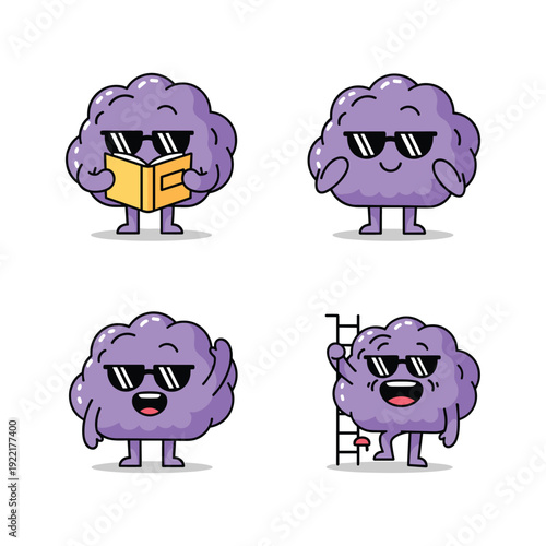 Cool cartoon brain characters with sunglasses and copy space