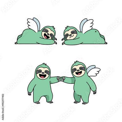 Cartoon sloths with wings holding hands in friendship and flying on a white background