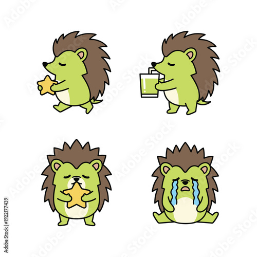 Cartoon hedgehog characters showing different emotions with copy space