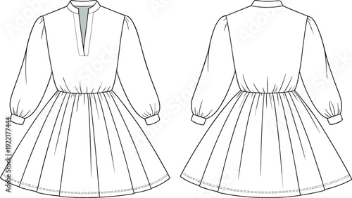 Cad Drawing Flat Vector Illustration, Long Sleeve Dress Fashion CAD, Apparel Technical Sketch Template, Garment Design Layout, Sewing Pattern Art