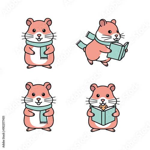 Cartoon hamster reading book with scarf in various poses on white background