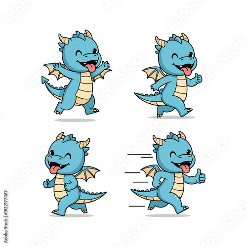 Cute cartoon blue dragon dancing with joy and energy
