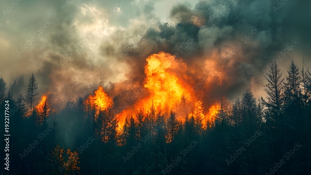Fototapeta premium A catastrophic wildfire raging through a dense forest with thick plumes of smoke filling the sky