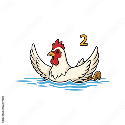 Cartoon chicken drowning in water with a humorous expression