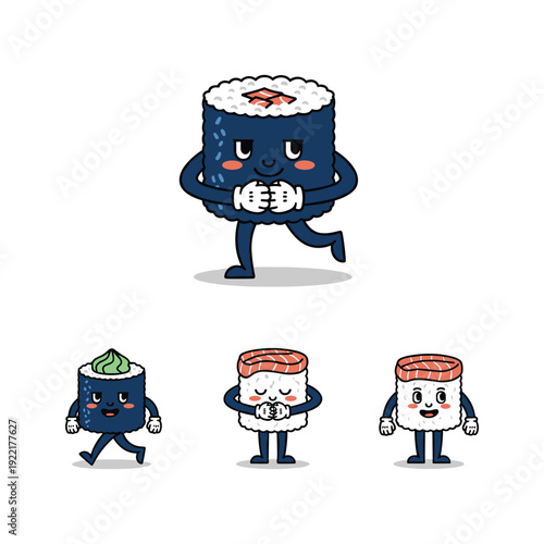 Cartoon sushi characters running and having fun in a playful animated style