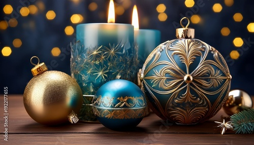 Ornate Blue And Gold Christmas Ornaments And Candle Display On A Wooden Surface