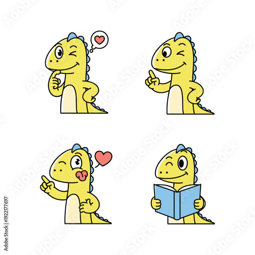 Cartoon dinosaur characters showing emotions and reading in a set of four illustrations with white background