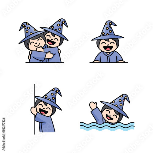 Cartoon wizard character set with various actions and emotions in a minimalist style
