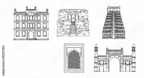 Collection of architectural illustrations featuring buildings, gates, and monuments from various viewpoints