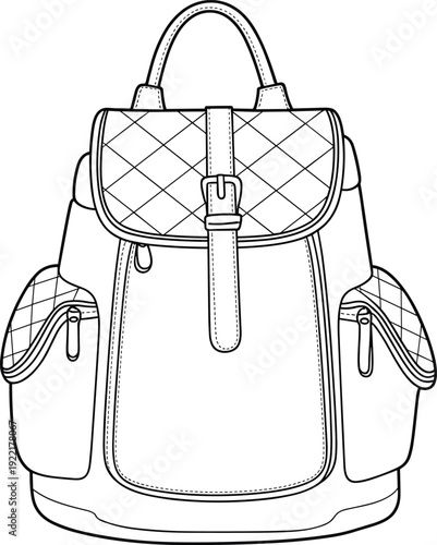 CAD drawing flat vector illustration, quilted flap backpack design, buckle closure, fashion accessory, detailed sketch, side pockets, front view, black outline, editable artwork