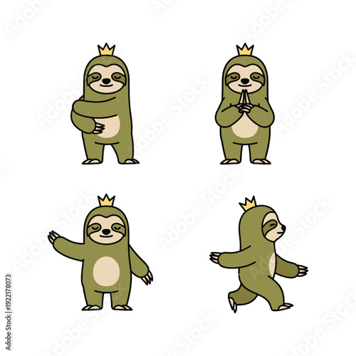 Cartoon sloth with crown in various poses on white background