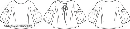 Cad Drawing Flat Vector Illustration, Puff Sleeve Blouse Sketch, Lace-Up Back Fashion Design, Women's Apparel Template, Clothing Layout