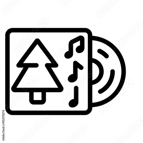 A clean line art vector icon depicting a holiday music album, showcasing a festive Christmas tree and musical notes. This graphic represents seasonal cheer and festive melodies.
