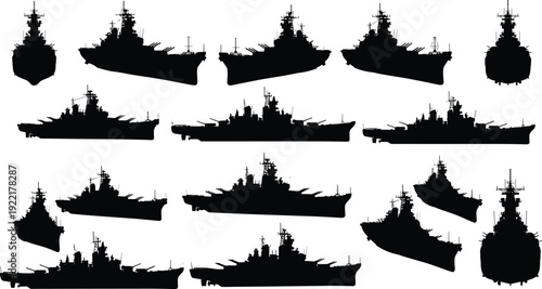 Battleship silhouettes collection featuring heavily armed naval warships and dreadnought vessels isolated on white background, black vector illustration set for military maritime design