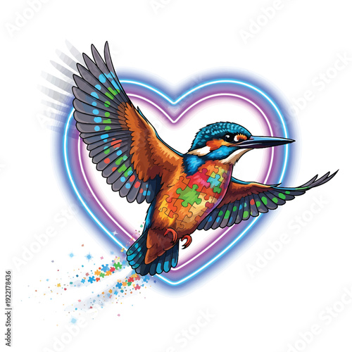 Colorful Hummingbird with Neon Heart Backdrop