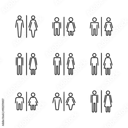 Gender neutral restroom signs icons for men and women combined outline vector collection