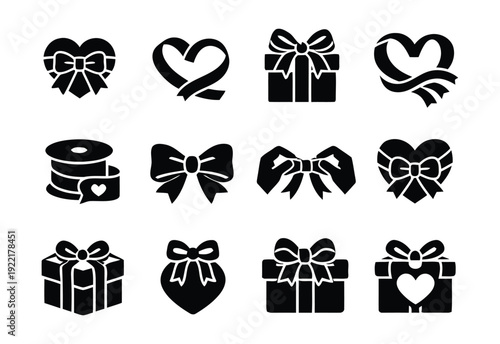 Gift box and ribbon icons with hearts for valentines day and celebrations
