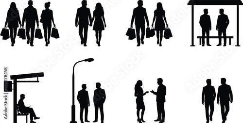 Business people silhouettes collection featuring shopping couples, professionals walking, meeting and waiting at bus stop isolated on white background, black vector illustration set