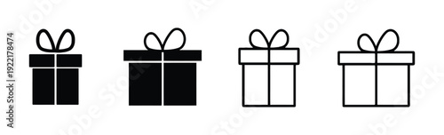 Gift box icon set with ribbon, solid black and outline variations for presents and surprises