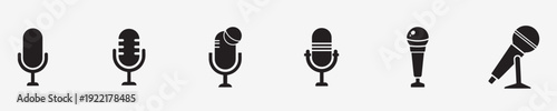 Group of classic black microphone icons on white background, vintage and modern styles