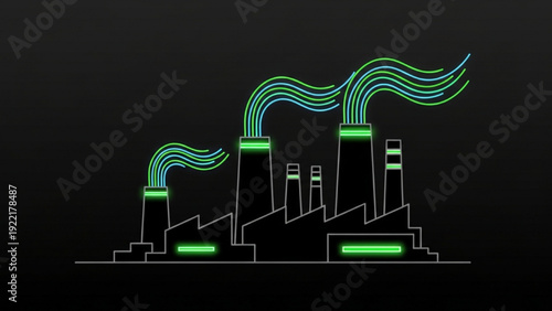 Black line art of eco-factory releasing clean energy waves, minimal industrial green tech concept
