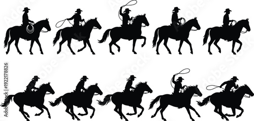 Cowboy silhouettes collection featuring horse riding and lasso action poses isolated on white background, western rodeo vector illustration set for ranch and country design