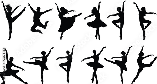 Dancer silhouettes collection featuring ballet and contemporary dance poses, jumping and spinning performers isolated on white background, elegant black vector illustration set for design