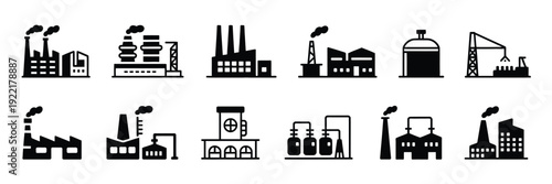 Industrial factory buildings icons set, featuring business manufacturing stations, chemical plants, and industrial construction vector illustrations.