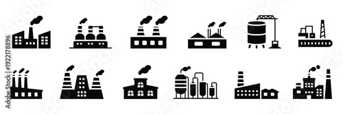 Industrial factory buildings icons set, showcasing manufacturing facilities, chemical industry plants, warehouse stations, and construction symbols for business design projects.
