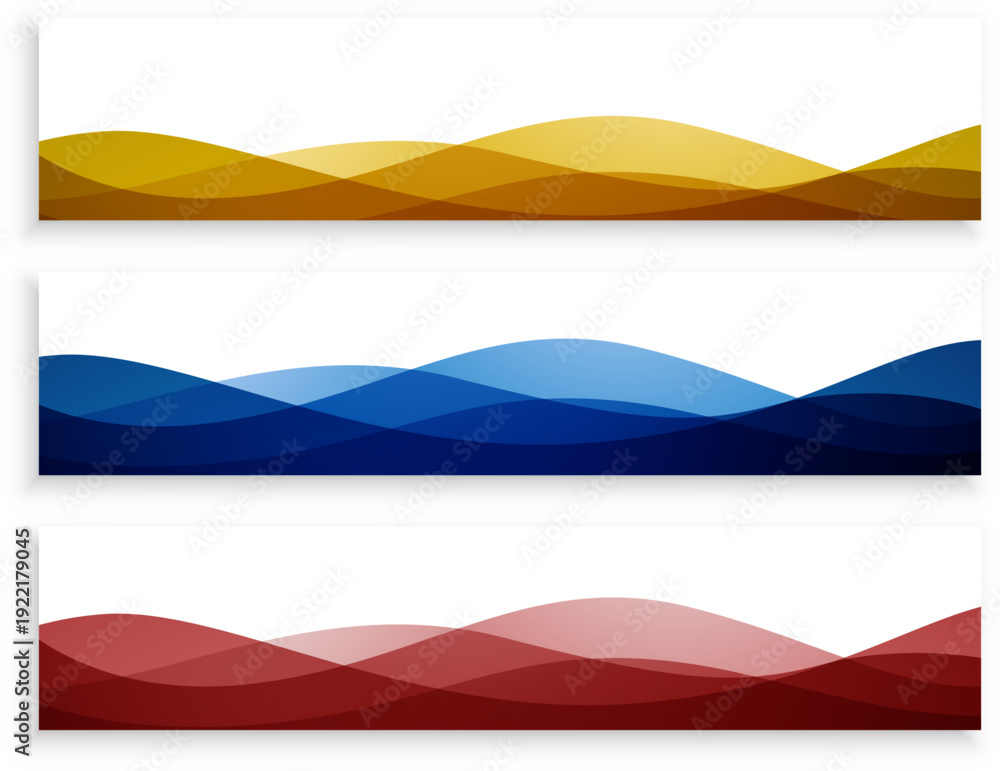 Obraz premium ゴールド・ブルー・レッドのグラデーションウェーブが重なる横長バナーテンプレート3色セット｜企業サイトや広告ヘッダーに使える抽象背景素材