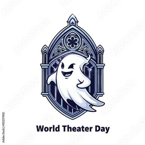 World Theater Day Ghost Mascot in Gothic Arch Logo