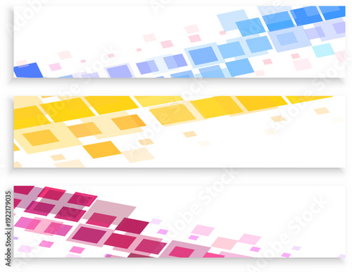 ブルー・イエロー・ピンクのスクエアが斜めに広がる横長バナーテンプレート3色セット｜企業サイトや広告ヘッダーに最適な抽象幾何学背景素材