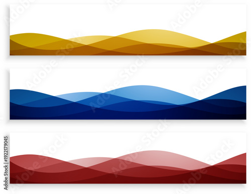 ゴールド・ブルー・レッドのグラデーションウェーブが重なる横長バナーテンプレート3色セット｜企業サイトや広告ヘッダーに使える抽象背景素材