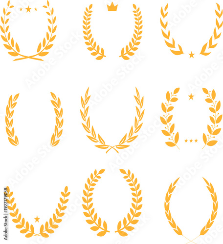 ゴールドカラーの月桂冠フレームと王冠・星モチーフの表彰エンブレムセット｜高級感あふれるアワード用ベクター装飾アイコン集