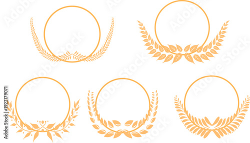 ゴールドの円形フレームと月桂樹リース装飾6種セット｜高級感あふれる表彰・ロゴ・証明書デザイン向けベクターエンブレム素材