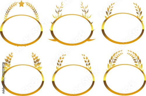 メタリックゴールドの楕円フレームと月桂樹リース装飾6種セット｜表彰・高級ロゴ・証明書デザインに使えるラグジュアリー円形エンブレムベクター素材